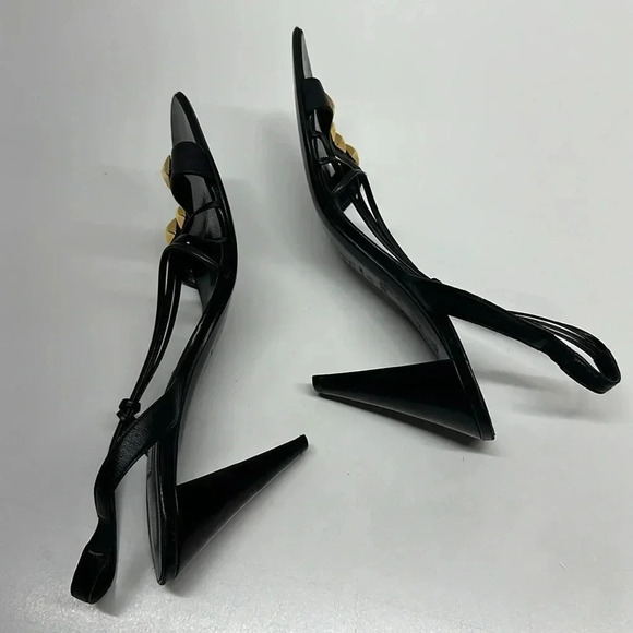 Sebastian Milano High Heels Open Toe Leather Ankle Strap Gold Studded Black 38.5 - Picture 6 of 12